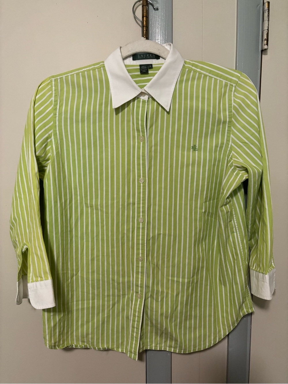 Ralph Lauren Lime Green Stripe Button-Up Shirt with White Collar - Picture 1 of 4